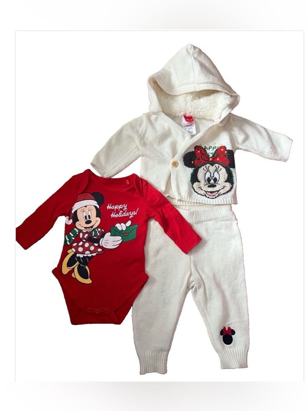Disney Baby Girls 3-Piece Christmas Fleece Pants, Sweater & Bodysuit - 6 Months